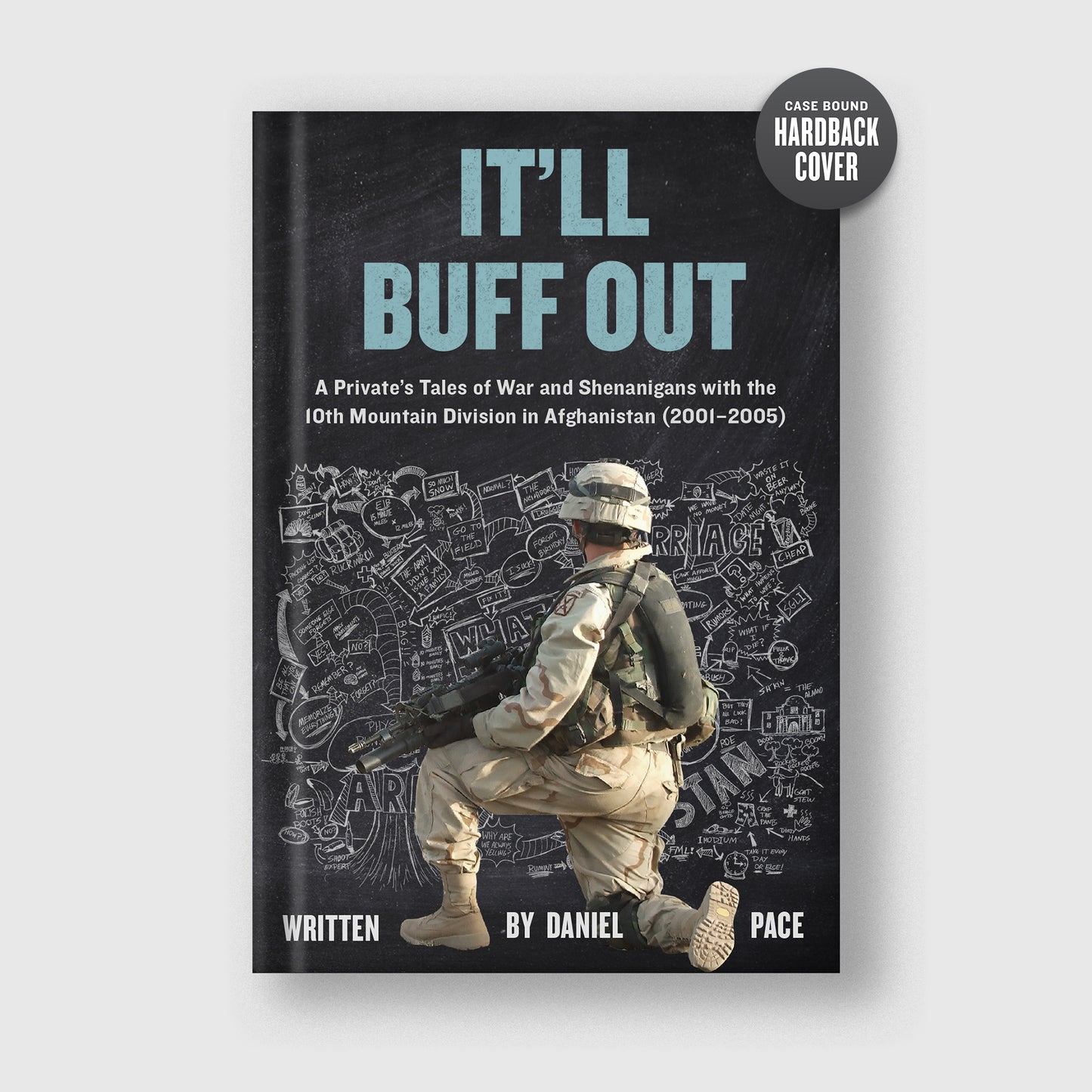 It’ll Buff Out — Hardcover
It’ll Buff Out hardcover book cover, raw Afghanistan war memoir about a 10th Mountain Division infantryman during the early GWOT