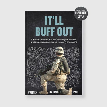It’ll Buff Out — Paperback
It’ll Buff Out paperback book cover, raw Afghanistan war memoir about a 10th Mountain Division infantryman during the early GWOT