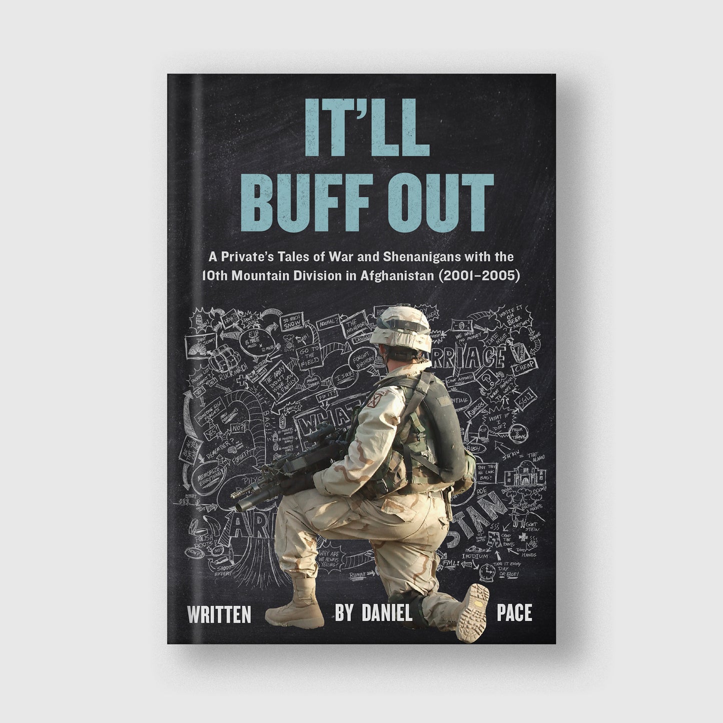 It’ll Buff Out — Hardcover
It’ll Buff Out hardcover book cover, raw Afghanistan war memoir about a 10th Mountain Division infantryman during the early GWOT